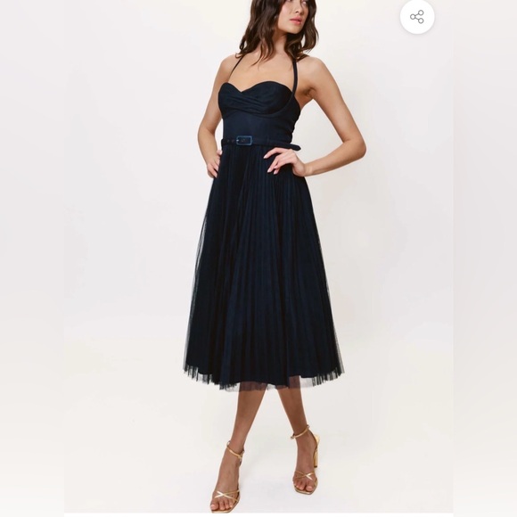 Hutch Anthropologie Rumor Sweetheart Pleated Tulle Midi Dress Navy Blue Womens 2 - Picture 3 of 11
